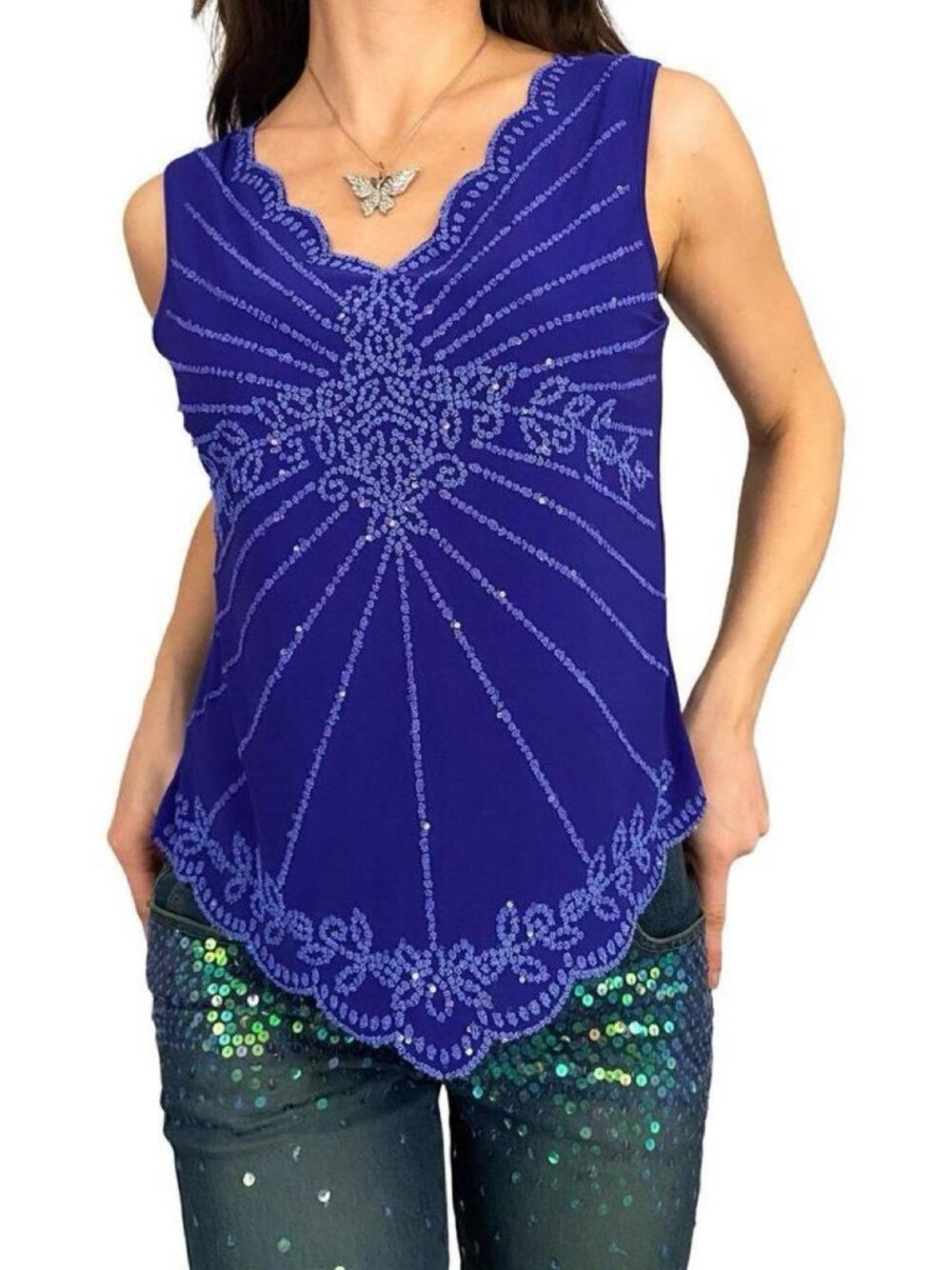 msk y2k blue embellished scalloped hem tank top